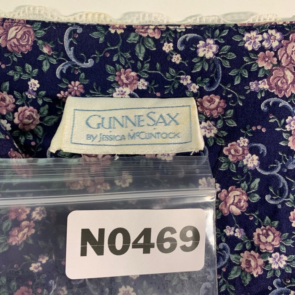 Gunne Sax S Vintage Lace Floral Print Short Sleeve Gunnie Dress Dark Blue *flaw - Picture 3 of 8